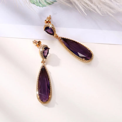 Elegant Green & Purple CZ Water Drop Dangle Earrings for Women – Huitan Luxury Wedding & Party Jewellery