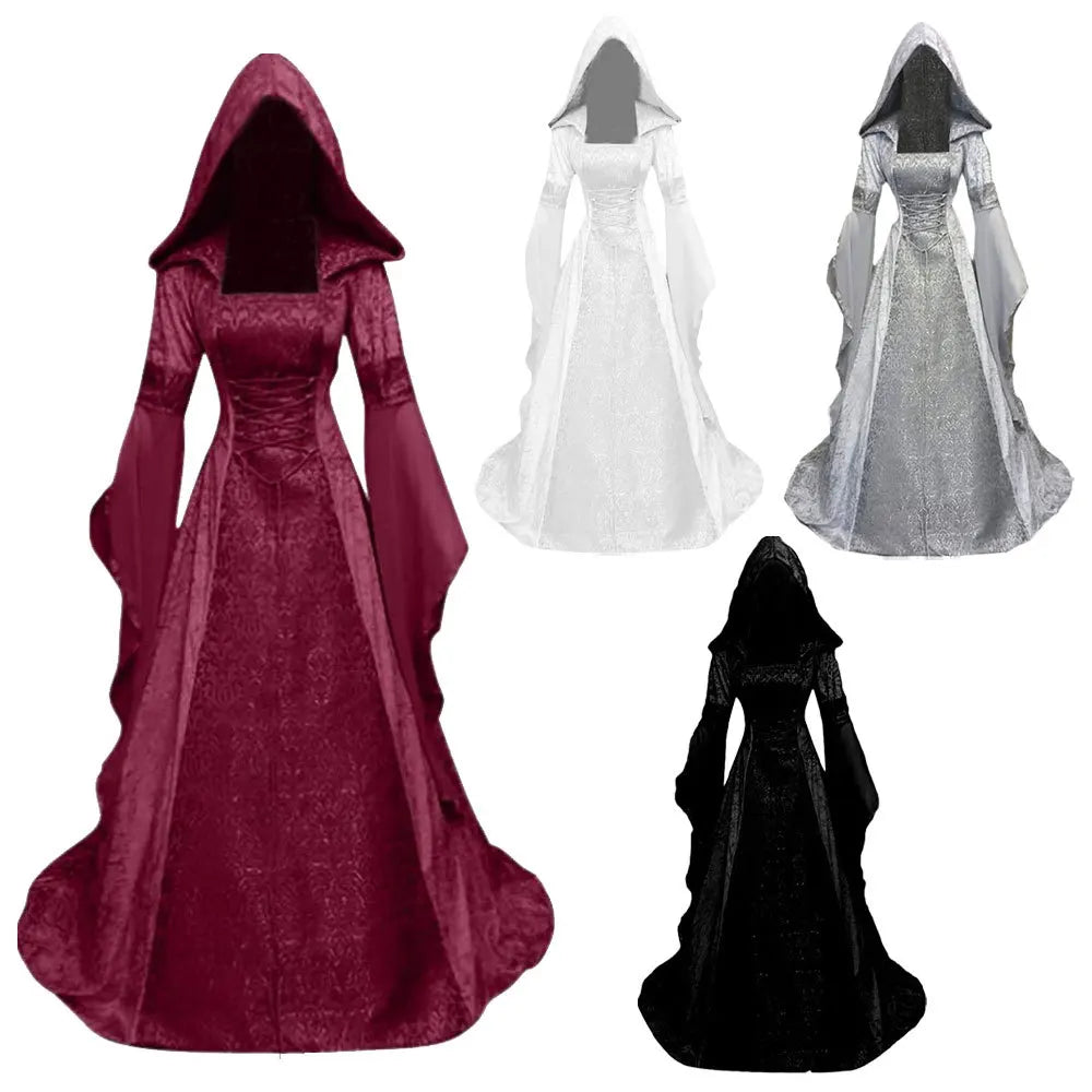 Women Deluxe Witch Dress Medieval Costume Vintage Embroidered Renaissance Gothic Hooded Vampire Gown Dress Cosplay