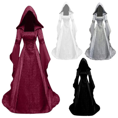 Women Deluxe Witch Dress Medieval Costume Vintage Embroidered Renaissance Gothic Hooded Vampire Gown Dress Cosplay