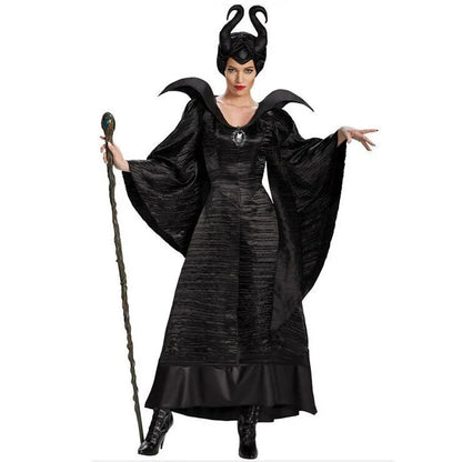 Maleficent Witch Costume Dress – Evil Queen Halloween Outfit with Horns Hat for Women