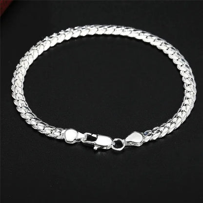 925 Sterling Silver Bracelet 6mm 18cm Flat Side Chain Lobster Clasp For Woman Man Wedding Engagement Jewelry Silver Bracelet