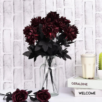 Halloween Black & Burgundy Dahlia Artificial Flowers – Creepy Chic Branch Arrangement for Home & Events