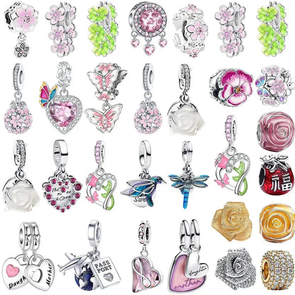 925 Sterling Silver Pink Daisy Flower Spacer Charms – Butterfly, Heart & Bird Beads for DIY Bracelet & Necklace Jewellery