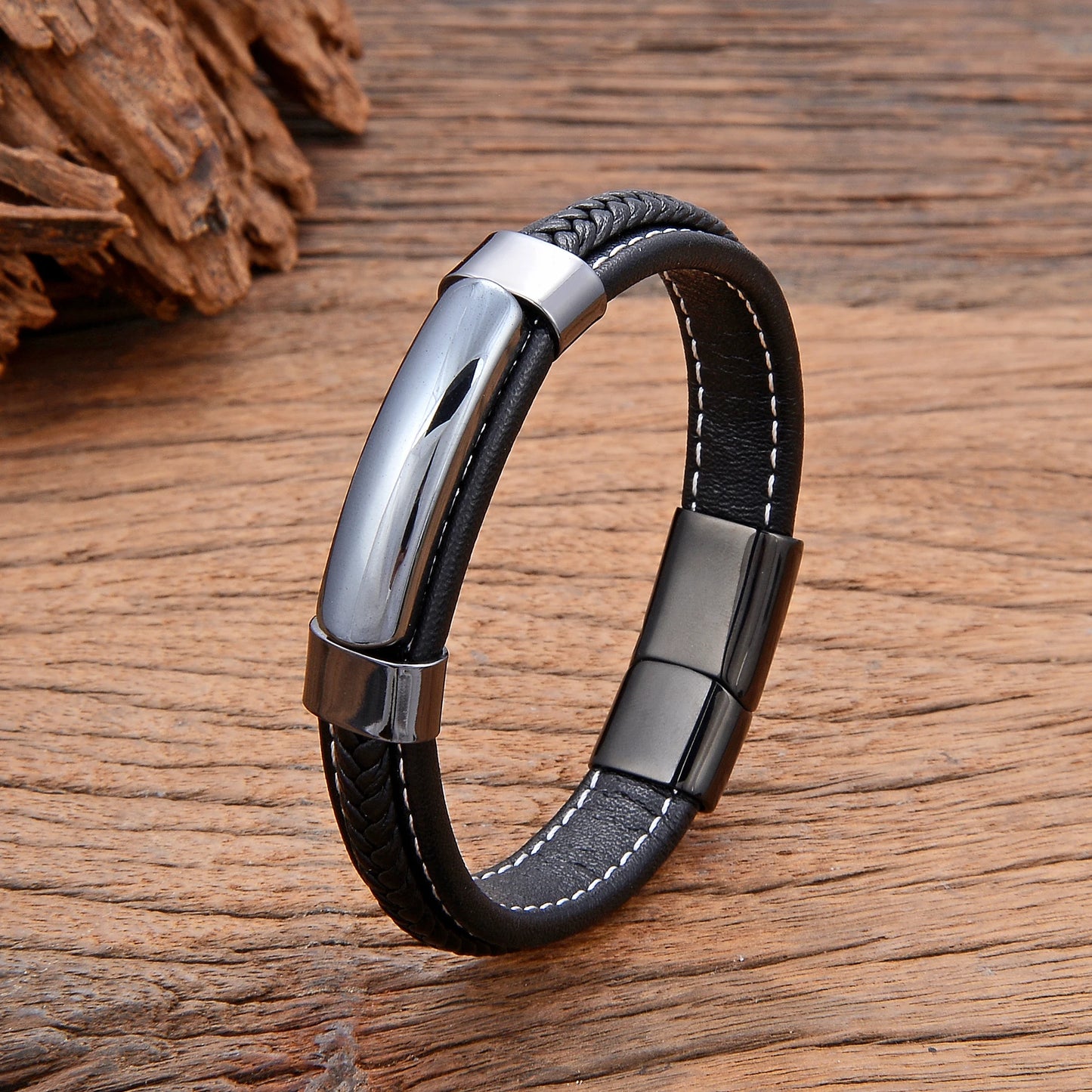 Men’s Natural Hematite & Pink Tiger Eye Stone Bracelet | Handmade Braided Leather Jewellery