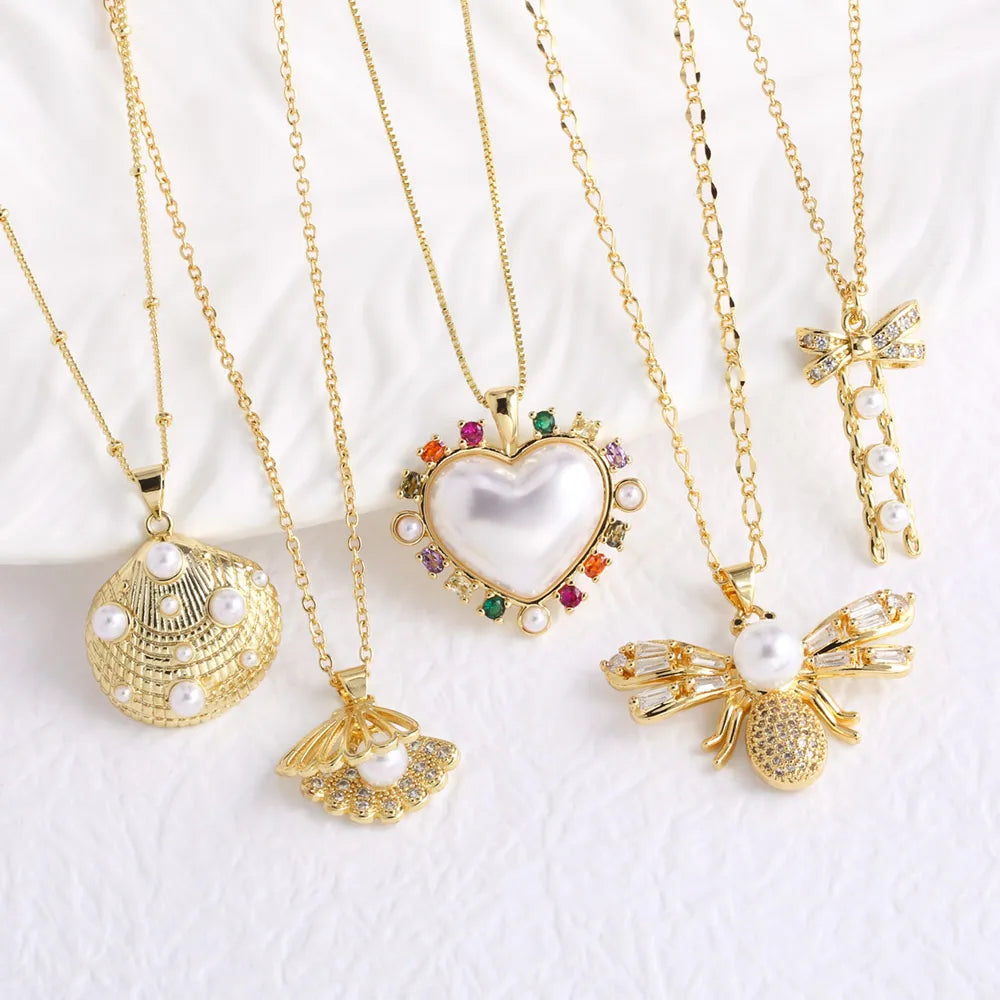 ASJEWELRY White Pearl Shell Bee & CZ Crystal Heart Necklace for Women – Elegant Zircon Jewellery Gift