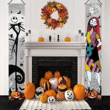 Nightmare Before Christmas Jack Skellington & Sally Banner – Halloween Wall Decorations for Indoor & Outdoor Parties