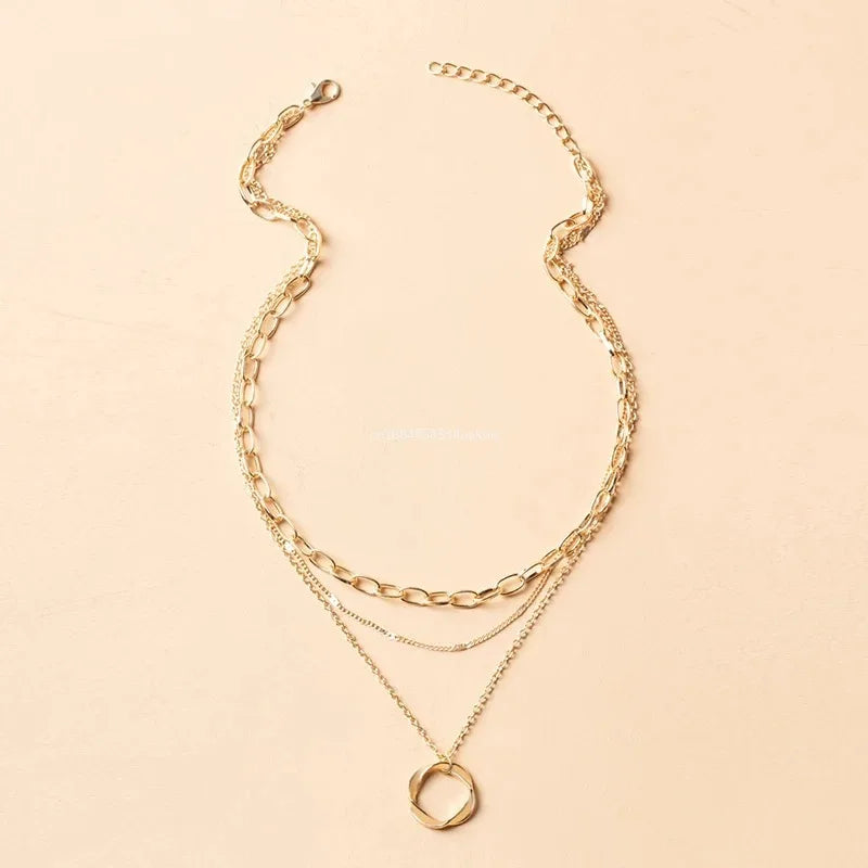 Multilayer Pendant Necklace for Women – Vintage Alloy Circle Star Charm Layered Choker Jewellery