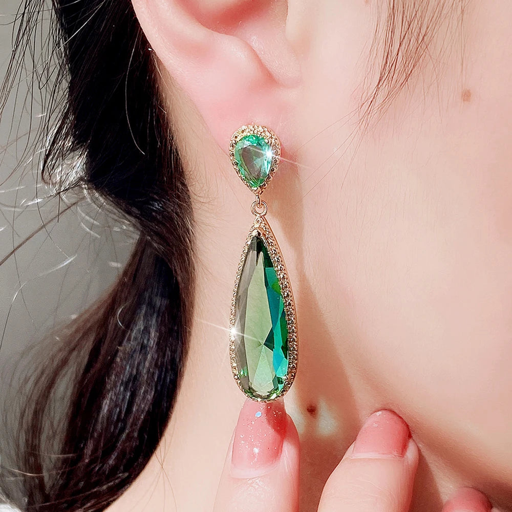 Elegant Green & Purple CZ Water Drop Dangle Earrings for Women – Huitan Luxury Wedding & Party Jewellery
