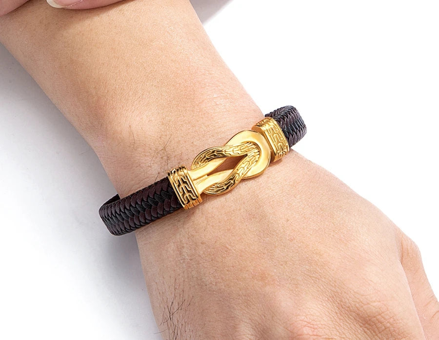 XQNI Stainless Steel Bracelets Weave Black/Brown Leahter Magnetic Buckle Rope Jewelry Accessories Bangles Gifts for Men Friend