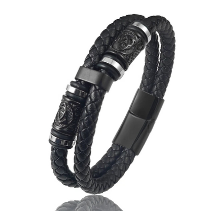 Men's Stainless Steel Leather Bracelet with Combination Symbol – Double Weave Stylish Accessory Gift for Handsome Boys